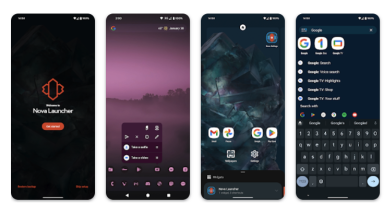 Lineup of four Android devices showing Nova Launcher aspects, including the logo, icon customization, and app drawer